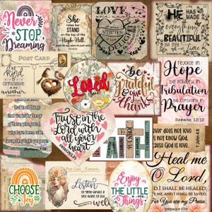 May include: A collage of decorative signs and postcards with inspirational quotes and floral designs. The signs feature phrases like "Never Stop Dreaming," "Loved," and "Trust in the Lord." The color palette includes pinks, greens, and browns.