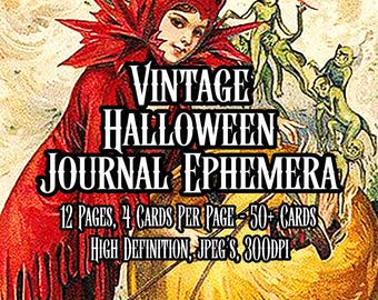 Könnte beinhalten: Vintage Halloween Journal Ephemera mit einer rot gekleideten Figur und grünen Kobolden. Das Bild enthält Text: "VINTAGE HALLOWEEN JOURNAL EPHEMERA" und Details: 12 Seiten, 4 Karten pro Seite, 50+ Karten, High Definition, JPEG's, 300 DPI.