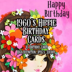 1960 es Hippie Geburtstag Karte Bundle zum ausdrucken, Hi Auflösung 300dpi Druck zu Hause, Kunst Collage Scrapbooking, Junk Journaling, Instant Download