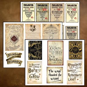 May include: A collection of vintage-style prints featuring quotes and imagery from a fantasy book series. The prints include proclamations, quotes, and illustrations in sepia tones, with decorative borders and text.