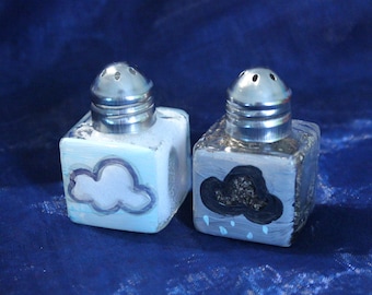 Hand-Painted Blue Sky & Rain Cloud Mini Salt and Pepper Shakers Home Decor, Housewarming Gift