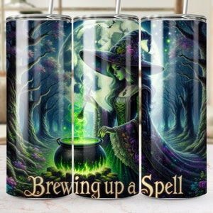 May include: A stainless steel tumbler with a green, black, and purple illustration of a witch brewing a potion in a cauldron. The text "Brewing up a Spell" is at the bottom of the tumbler.