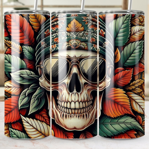 Cool Skull Tumbler with Autumn Leaves, Unique Gothic Drinkware, Stainless Steel Insulated Travel Mug, Perfect Gift for Skull Lovers