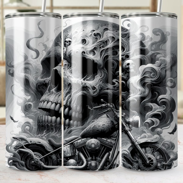 Gothic Skull Motorcycle Tumbler, Biker Inspired Stainless Steel Drinkware, Unique Graphic Skull Travel Mug, Gift for Motorcycle Enthusiasts