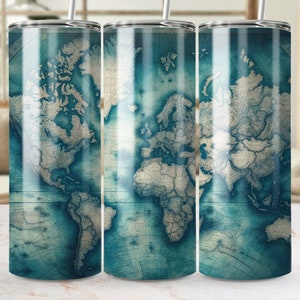 May include: Three stainless steel tumblers with a vintage world map design. The map is in shades of blue and white with a faded, antique look.