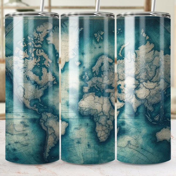 Vintage World Map Tumbler, Antique Map Insulated Travel Cup, Adventure Awaits Drinkware, Unique Gift Idea for Travelers