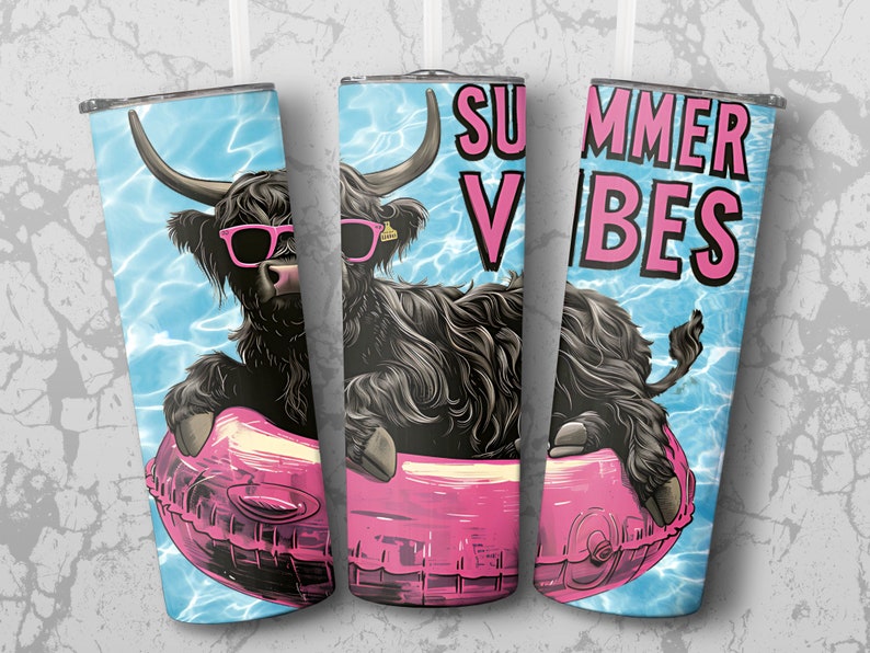 Highland Cow Summer 20 Oz Tumbler Wrap, Fun Poolside Drinkware, Unique Pink Float Design, Cool