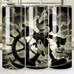 Envoltorio para vaso de 20 oz con personaje de dibujos animados vintage, diseño de capitán de barco de vapor, artículos para beber coleccionables, idea de regalo única, arte de animación clásico