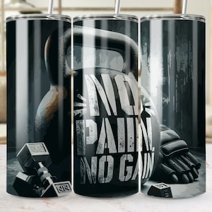 Motivational Workout 20 oz Tumbler Wrap, No Pain No Gain, Gym Kettlebell Dumbbell Design, Fitness Drinkware, Unique Gift for Gym Lover, 20oz