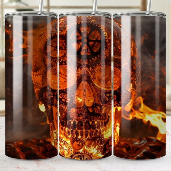 Steampunk Skull Tumbler, Orange Glow Gothic Insulated Cup, Unique Mechanical Design, Cool Drinkware for Halloween