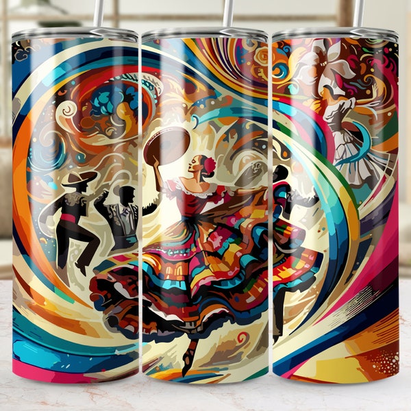Vibrant Mexican Folk Dance Art Tumbler, Colorful Travel Mug, Cultural Art Insulated Cup, Unique Gift Idea, 20oz Tumbler for Cold Drinks