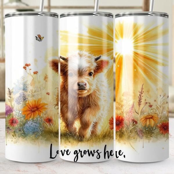 Adorable Highland Cow Tumbler, Love Grows Here Sunrise Illustration, Unique Farm Animal Drinkware