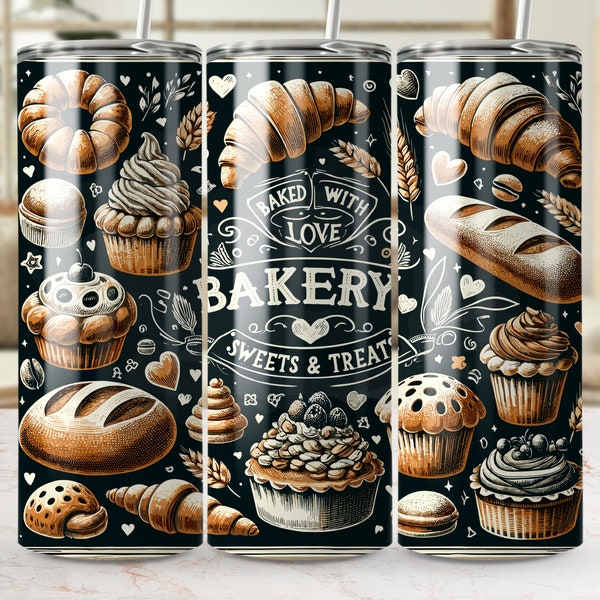 Vintage Bakery Tumbler, Baked with Love, Sweets & Treats Illustration, Rustic Kitchen Decor, Coffee Mug, Gift for Bakers, Pastry Lover Cup