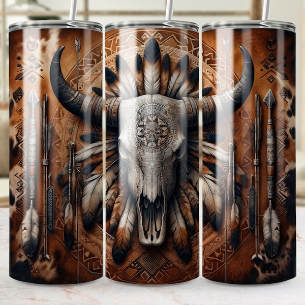 Tribal Bull Skull Tumbler, Southwestern Aesthetic, Boho Chic Drinkware, Unique Engraved Metal Tumbler, Rustic Kitchen Decor, Gift Idea