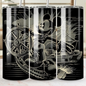 Vaso de 20 oz con diseño de barco de vapor con personajes de dibujos animados antiguos, vaso con arte de animación retro, regalo único para fanáticos, vaso de dibujos animados clásicos