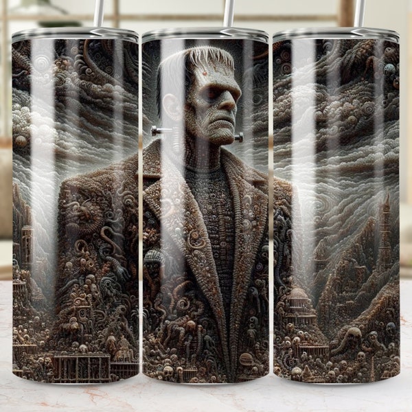 Unique Fantasy Sci-Fi Tumbler, Frankenstein Artwork Travel Mug, Gothic Style Insulated Cup, Gift for Science Fiction Fans