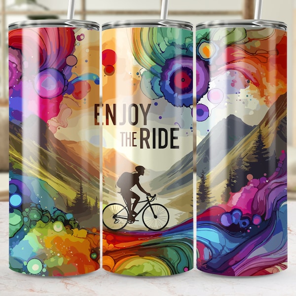 Colorful Cyclist Art Tumbler, Enjoy The Ride Quote, Unique Bike Lover Gift, Insulated Travel Mug, Abstract Art Drinkware