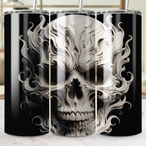Gothic Skull Tumbler, Black and White Illustrated Skull, Unique Horror Themed Drinkware, Dark Aesthetic Coffee Cup, Gift for Skull Lovers