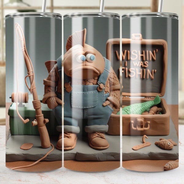 Unique Fisherman Clay Sculpture Tumbler Design, Handcrafted Fishing Lover Artwork, Fun Wishin' I was Fishin' Theme Travel Cup