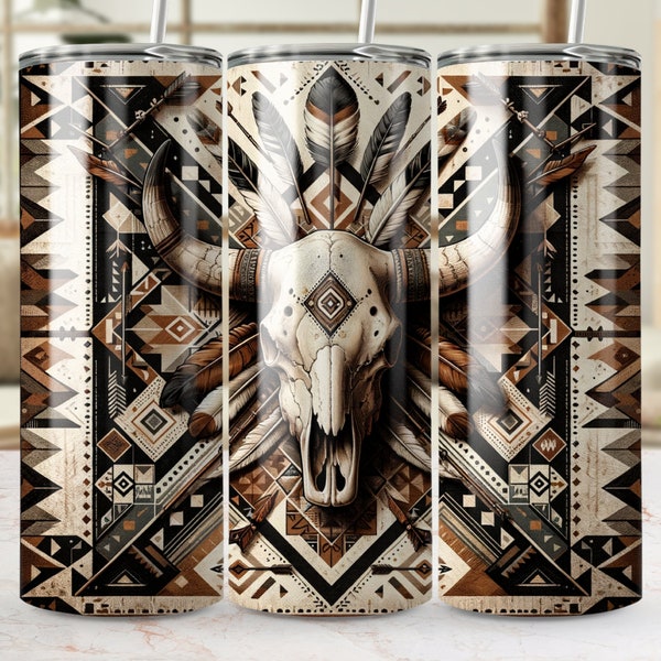 Boho Chic Tumbler, Bull Skull Design, Tribal Pattern Travel Mug, Southwestern Style Insulated Cup, Unique Coffee Lovers Gift