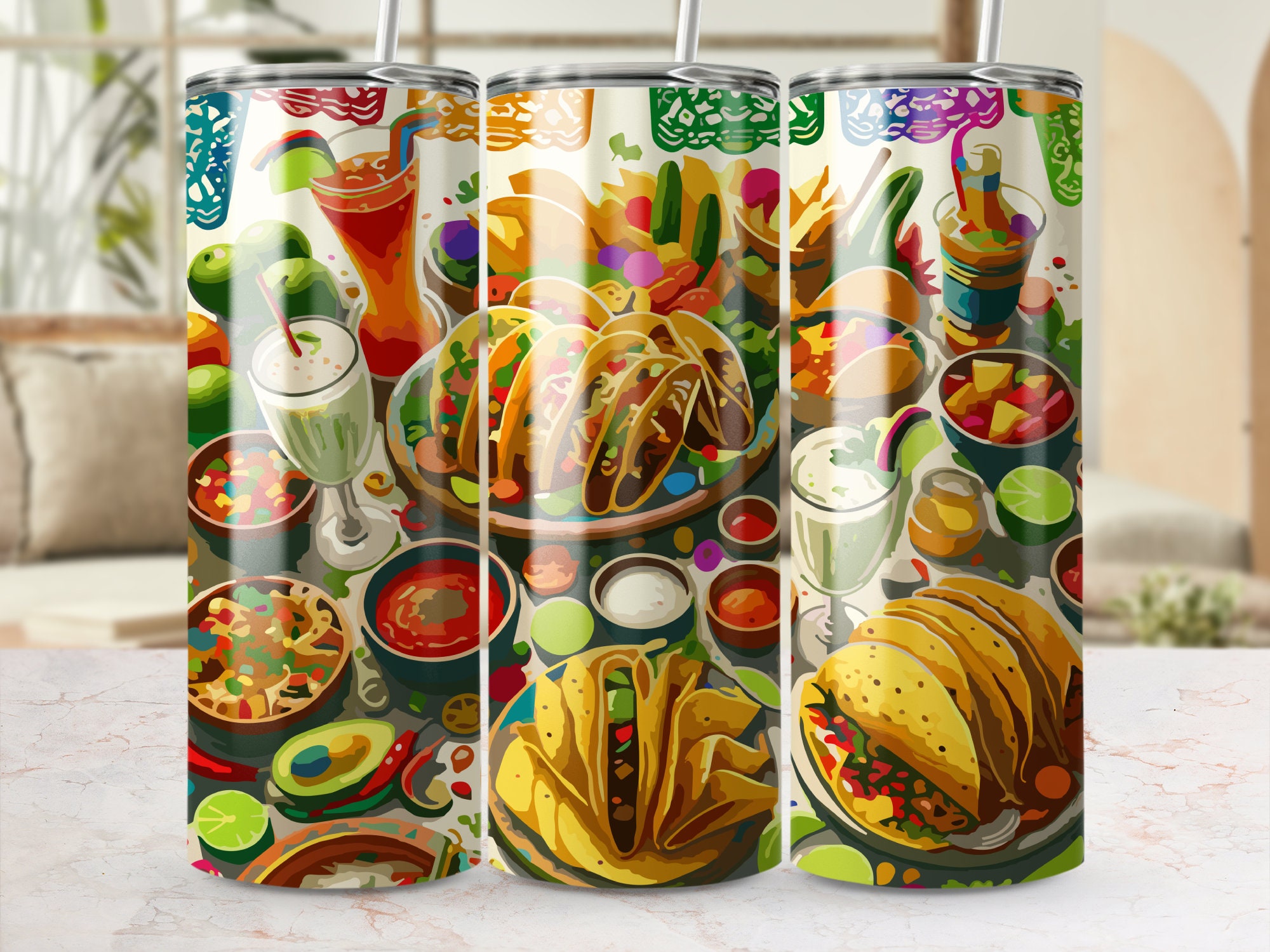 Colorful Mexican Food Fiesta Tumbler, Spicy Tacos and Margaritas