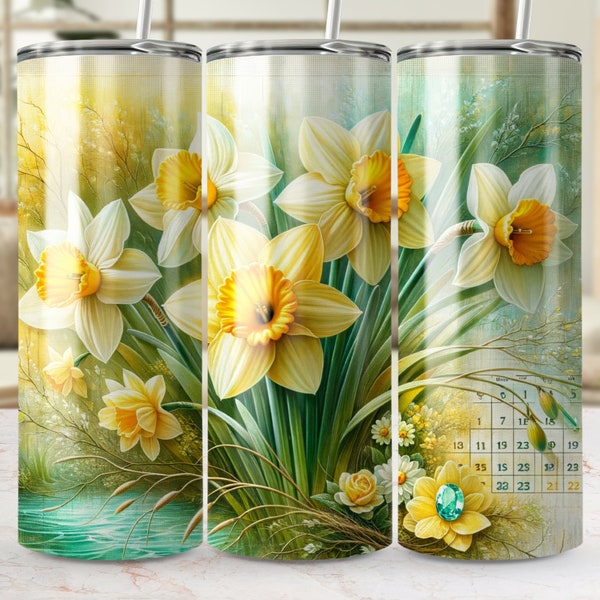 Elegant Capricorn Floral Tumbler, Spring Daffodil Design, Insulated Travel Mug, Gift for Gardener, Unique Coffee Cup, Nature Lover Drinkware