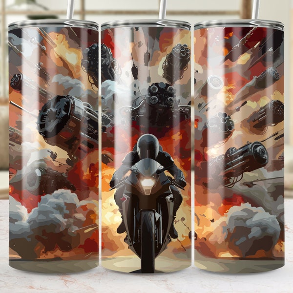 Futuristic Motorcycle Chase Art Tumbler, Sci-Fi Inspired Travel Mug, Unique Geek Gift, Cool 20oz Insulated Cup for Coffee
