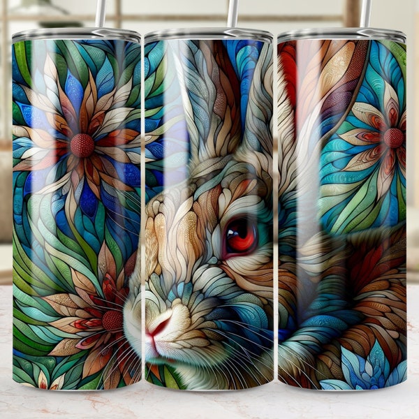 Colorful Mandala Rabbit Tumbler, Whimsical Floral Bunny Insulated Drinkware, Unique Nature-Inspired Art Travel Mug