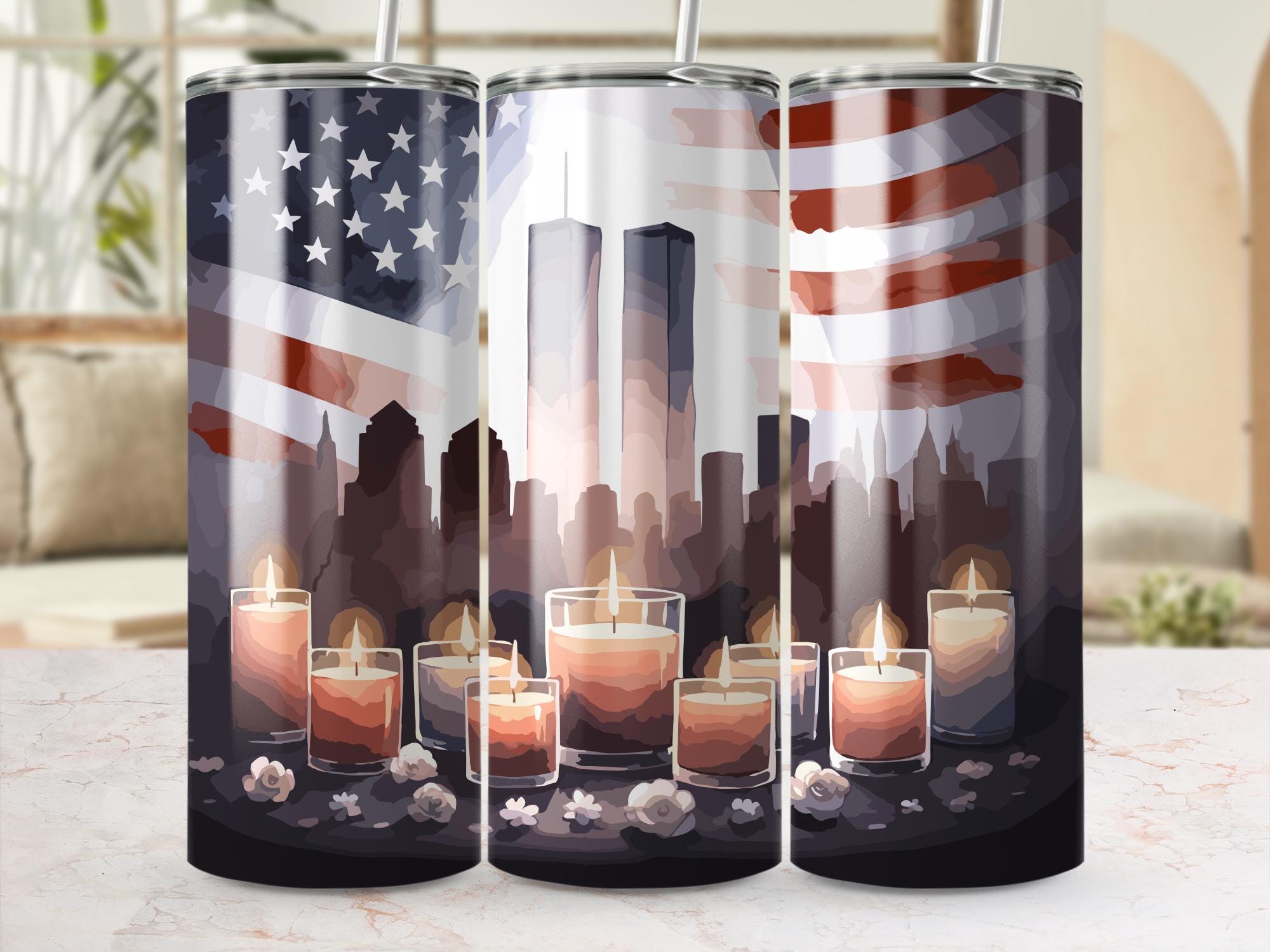 USA Memorial 20 oz Tumbler Wrap, Twin Towers Candlelight, American Flag Skyline, September 11 Tribute, Patriotic Drinkware, Remembrance Gift