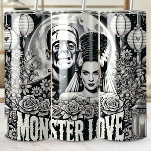 Monster Love Tumbler, Frankenstein Bride Tumbler, Gothic Couple Tumbler, Halloween Gift Tumbler, Horror Movie Lover 20 oz Tumbler Wrap