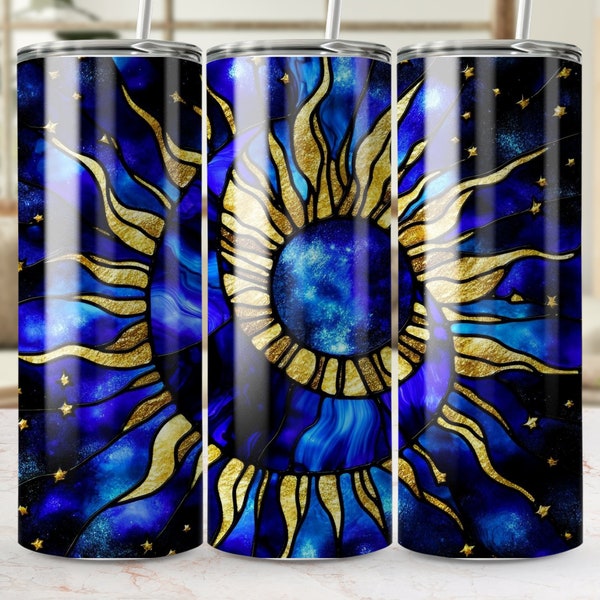 Celestial Sun and Stars Tumbler, Blue and Gold Universe Inspired Travel Cup, Cosmic Space Art Drinkware, Unique Astronomy Gift