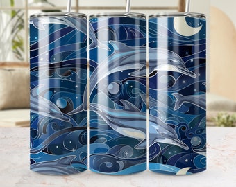 Dolphin Ocean 60 cl mugg, isolerad mugg med marint liv, dricksglas med kusttema, resemugg med marint liv, present till strandälskare, delfinälskare