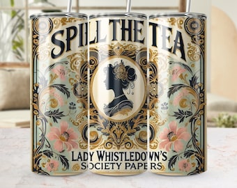Vaso Spill the Tea, vaso con los papeles de Lady Whistledown's Society, vaso de estilo vintage, vaso con diseño floral, elegante envoltorio para vaso de 20 oz