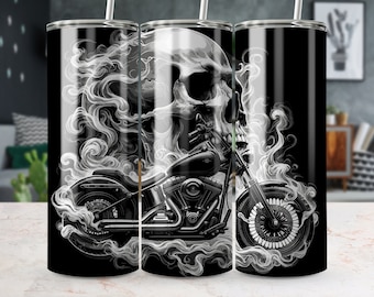 20oz Black and White Skull Motorcycle Tumbler Wrap Design - Straight & Tapered PNG Templates - DIY Graphics for Tumblers - Instant Download