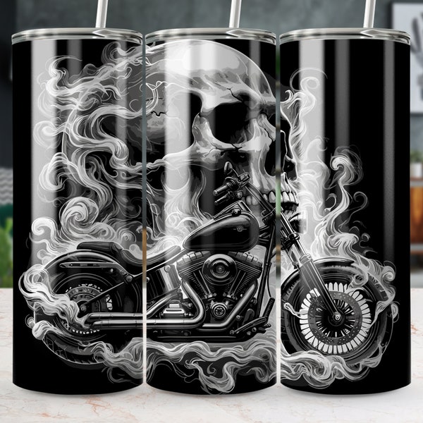 20oz Black and White Skull Motorcycle Tumbler Wrap Design - Straight & Tapered PNG Templates - DIY Graphics for Tumblers - Instant Download