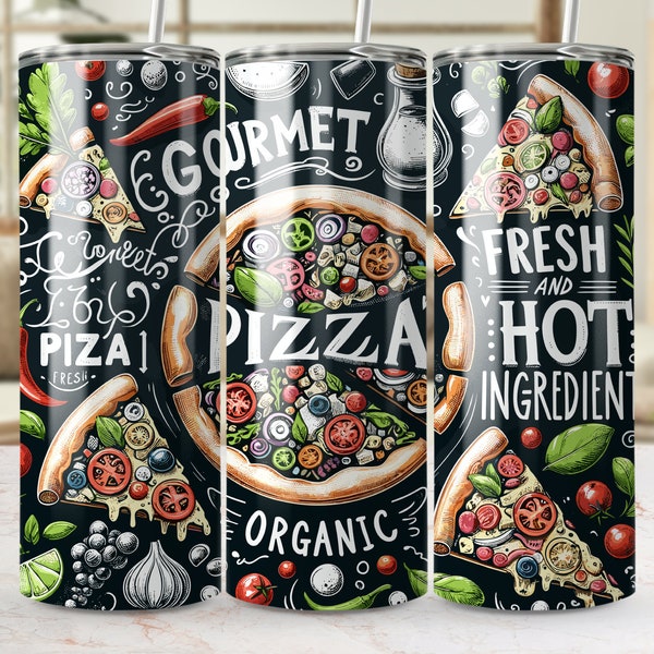 Gourmet Pizza Illustration Tumbler, Fresh and Hot Ingredients Theme, Organic Foodie Drinkware Gift