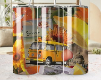 Vintage Strand-Van-Becher, Retro-Sommer-Reisebecher, Strand-Abenteuer-Geschenk, Blumengelb-VW-Bus-Trinkgeschirr, Sonnenblumen-Zitronen-Druck