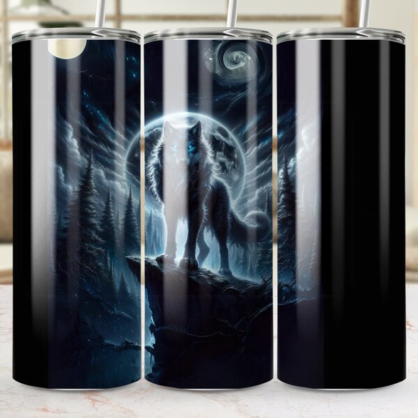 Mystical Wolf Tumbler, Moonlit Night Forest Scene, Insulated Wolf Art Travel Mug, Unique Animal Themed Drinkware, Gift for Nature Lovers