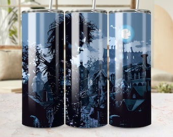 20 oz Edward Scissorhands inspired Tumbler Wrap, Dark Haunted Town Art, Eerie Moonlit Landscape, Mysterious Figure, Halloween Decor