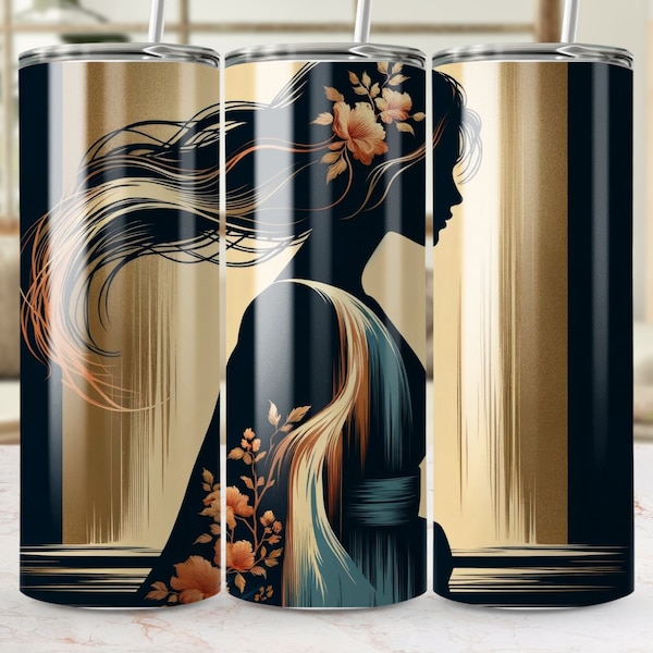 Elegant Floral Woman Silhouette Tumbler, Art Deco Inspired Gold and Blue Tumbler, Unique Drinkware, Stylish Coffee Cup, Gift Idea