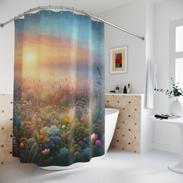 Dreamy Floral Field at Sunset Shower Curtain, Enchanting Bathroom Decor