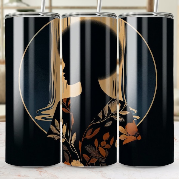 Art Deco Inspired Woman Silhouette Tumbler, Vintage Style Gold and Black Travel Mug, Unique Afro Hair Patterned Fashion Tumbler