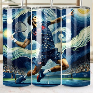 May include: A stainless steel tumbler with a colorful design featuring a tennis player in a blue, white, and red uniform, holding a tennis racket. The background is a swirling blue and white pattern reminiscent of a famous painting. The tumbler has a white lid and a straw.
