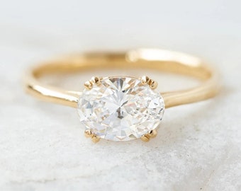 2 CT Oval Cut Moissanite Engagement Ring, 14K Gold East West Oval Solitaire Ring, Stackable Wedding Ring, Dainty Promise Anniversary Ring