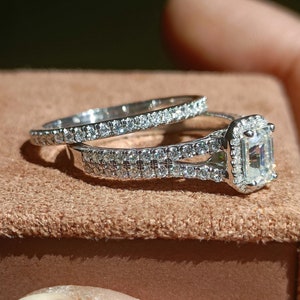 1 CT Emerald Cut Moissanite Halo Bridal Ring Set, Emerald Diamond Split Shank Engagement Ring, 14k Solid Gold Emerald Matching Band Ring Set