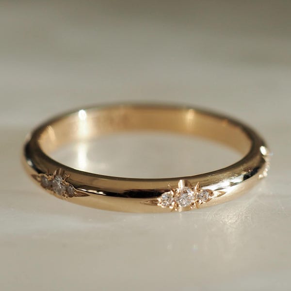 Celestial Star Wedding Band, Minimalist Moissanite Band for Her Antique Engagement Ring, Stars Engraved Bridal Band, Flush Set Eternity Band