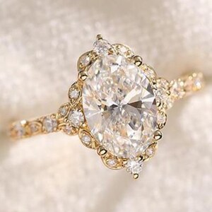 Oval Cut Moissanite Art Deco Engagement Ring, 14K Solid Gold Solitaire With Accent Ring, Round Halo Ring, Wedding Ring, Cathedral Style Ring