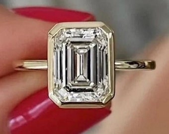 Bezel Set Emerald Cut Solitaire Ring, Emerald Cut Moissanite Engament Ring, Art Deco Ring, Emerald Cut Ring, Bezel Setting Anniversary Rings