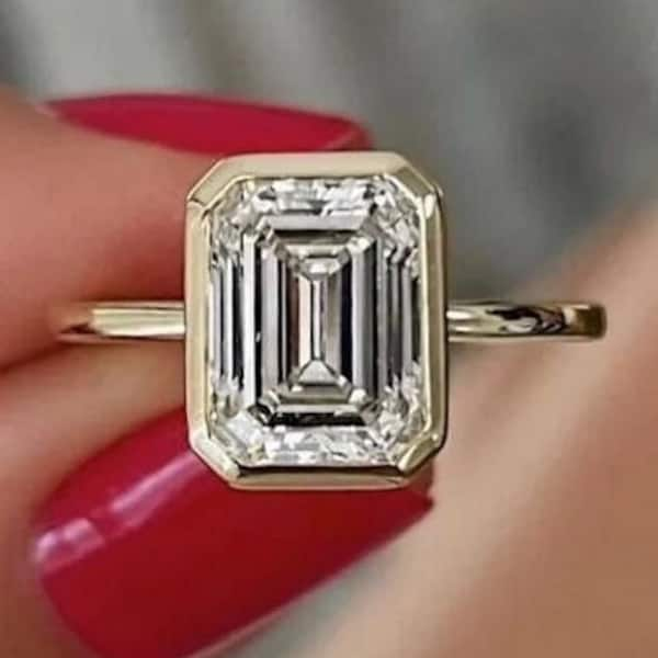 Bezel Set Emerald Cut Solitaire Ring, Emerald Cut Moissanite Engament Ring, Art Deco Ring, Emerald Cut Ring, Bezel Setting Anniversary Rings