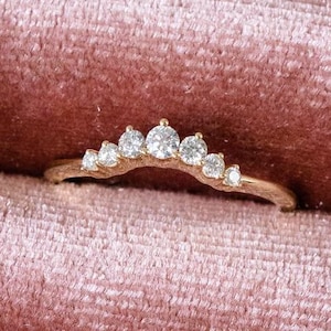 Vintage Colorless Moissanite Curved Wedding Band, Dainty Wedding Band, Unique Chevron Stacking Matching Promise Band, Solid Gold Bridal Band